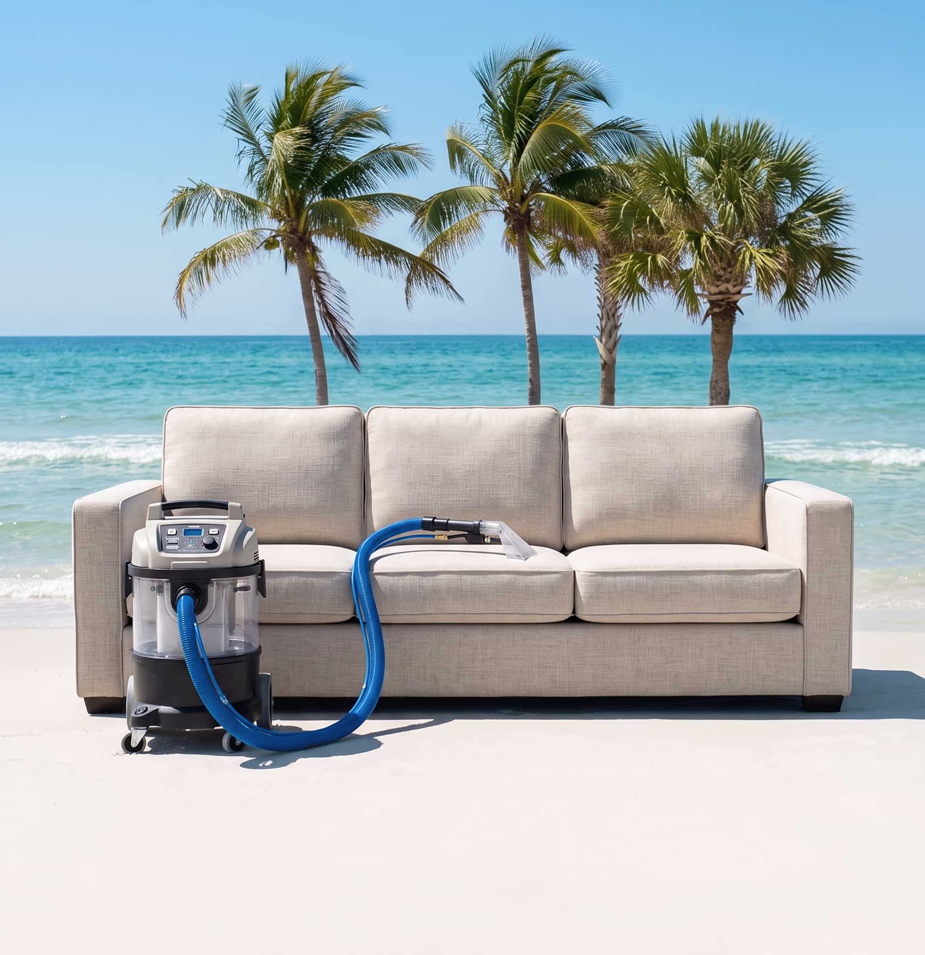 Sommer-Aktion Polsterreinigung Frankfurt: helles Sofa mit Spr&uuml;hextraktionsger&auml;t am Strand
