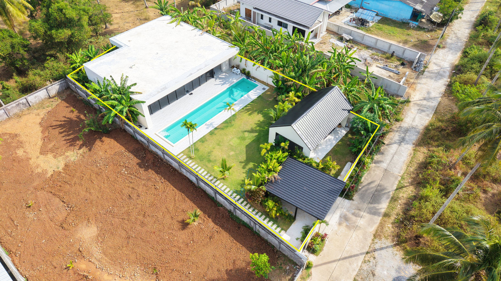 Aerial view of the 18-metre lap pool, inland pool villa, Natai