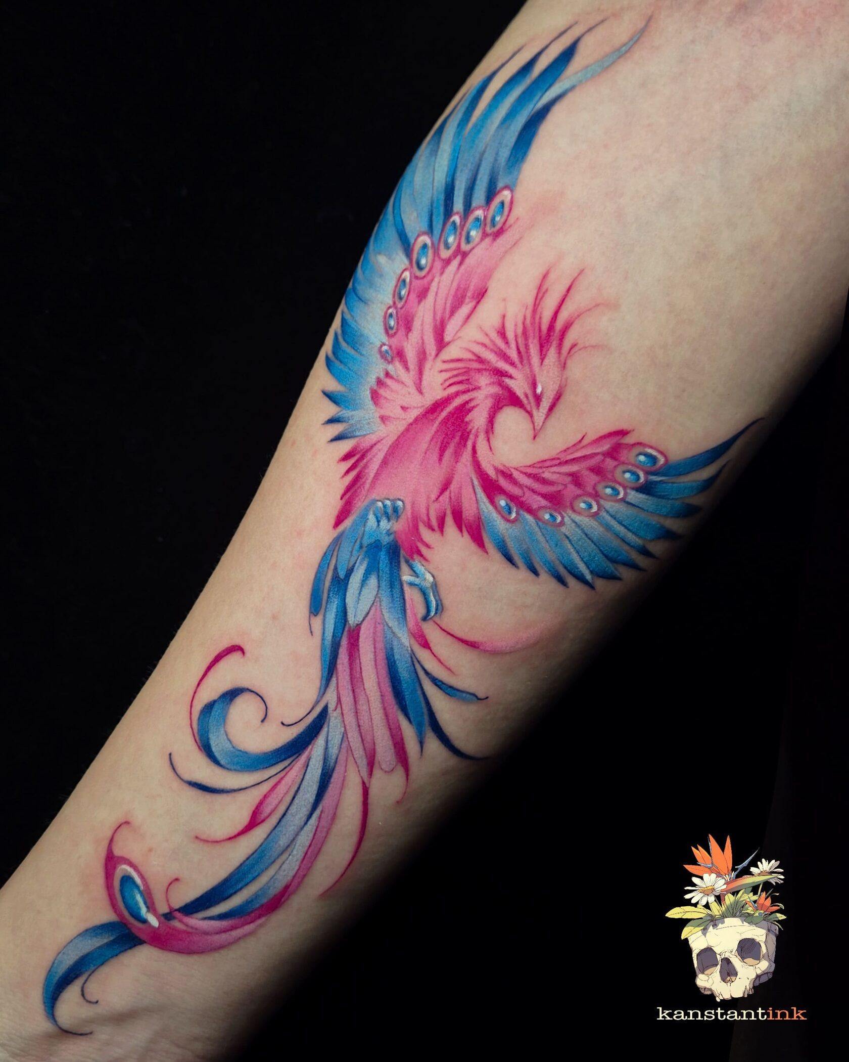 Phoenix in pink and blue