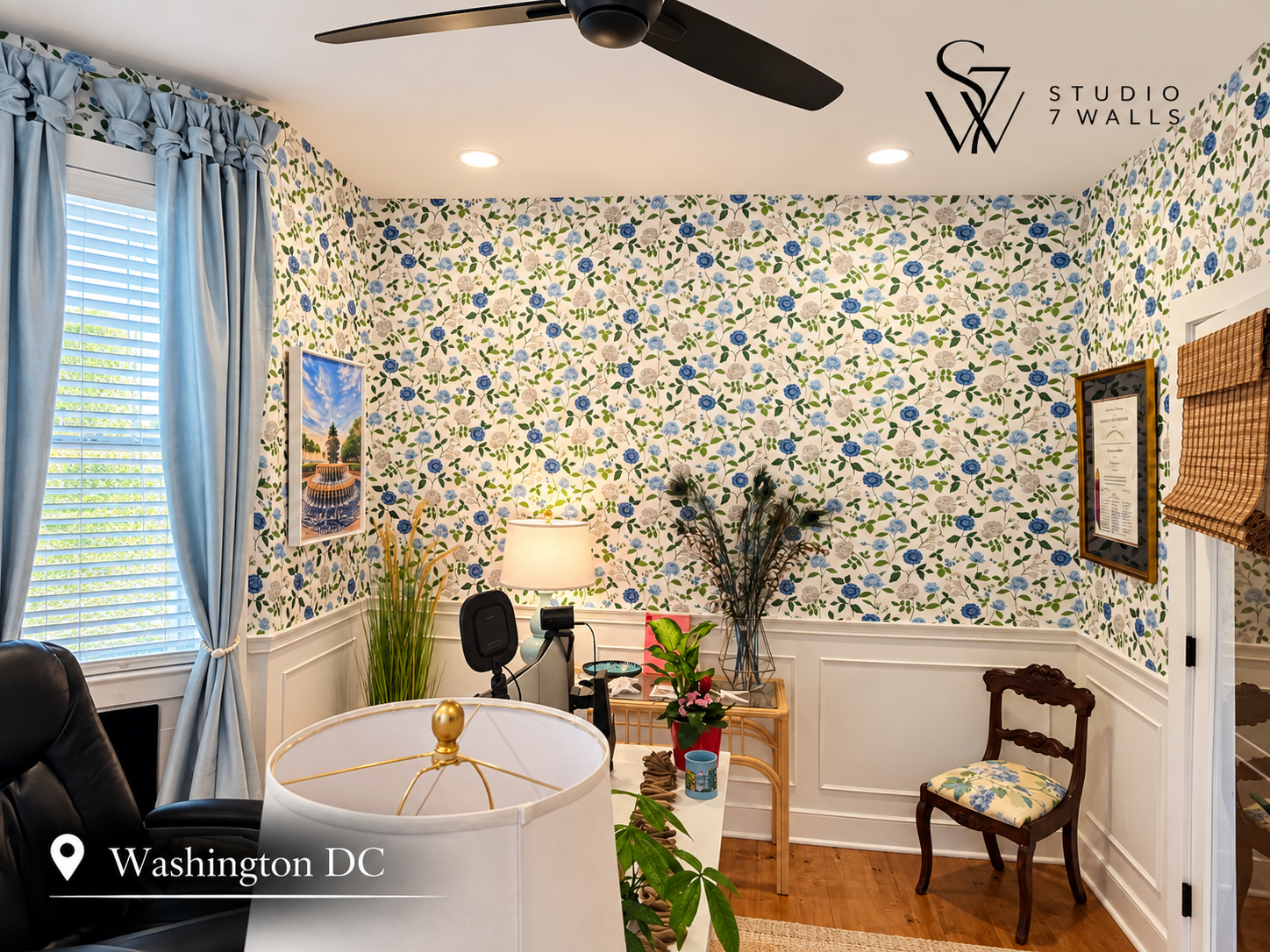 Blue floral wallpaper installation in a Washington DC home office