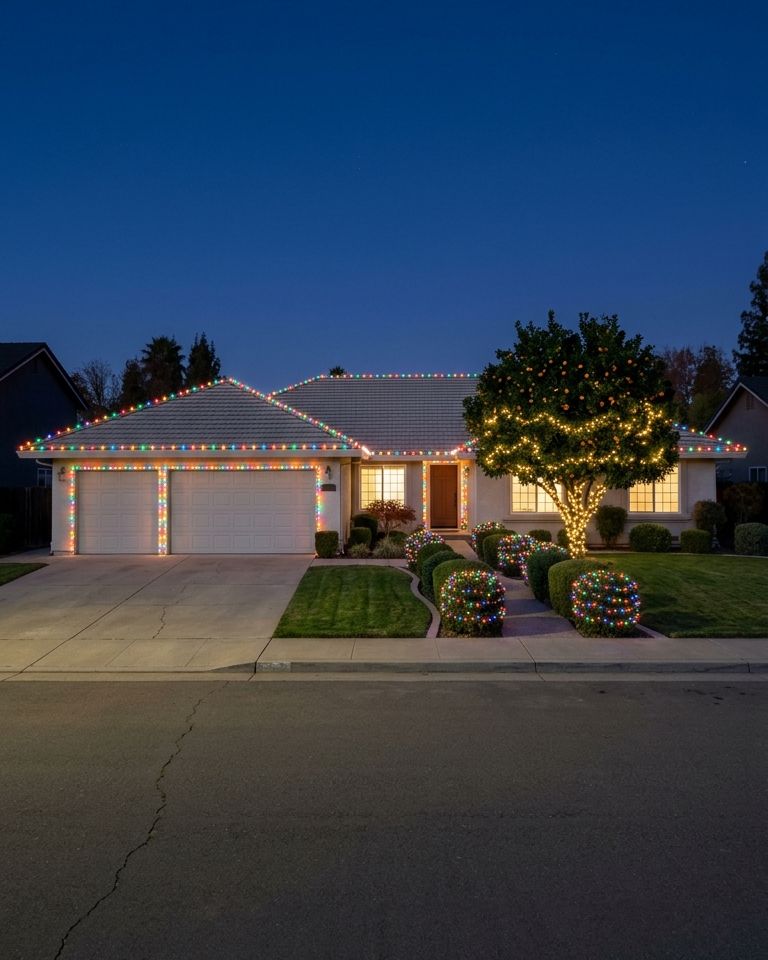 Single-story ranch home with multicolor Christmas lights on the roofline, tree and shrubs
