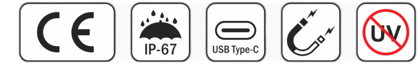 CE, IP-67, USB Type-C, magnet and no-UV icons