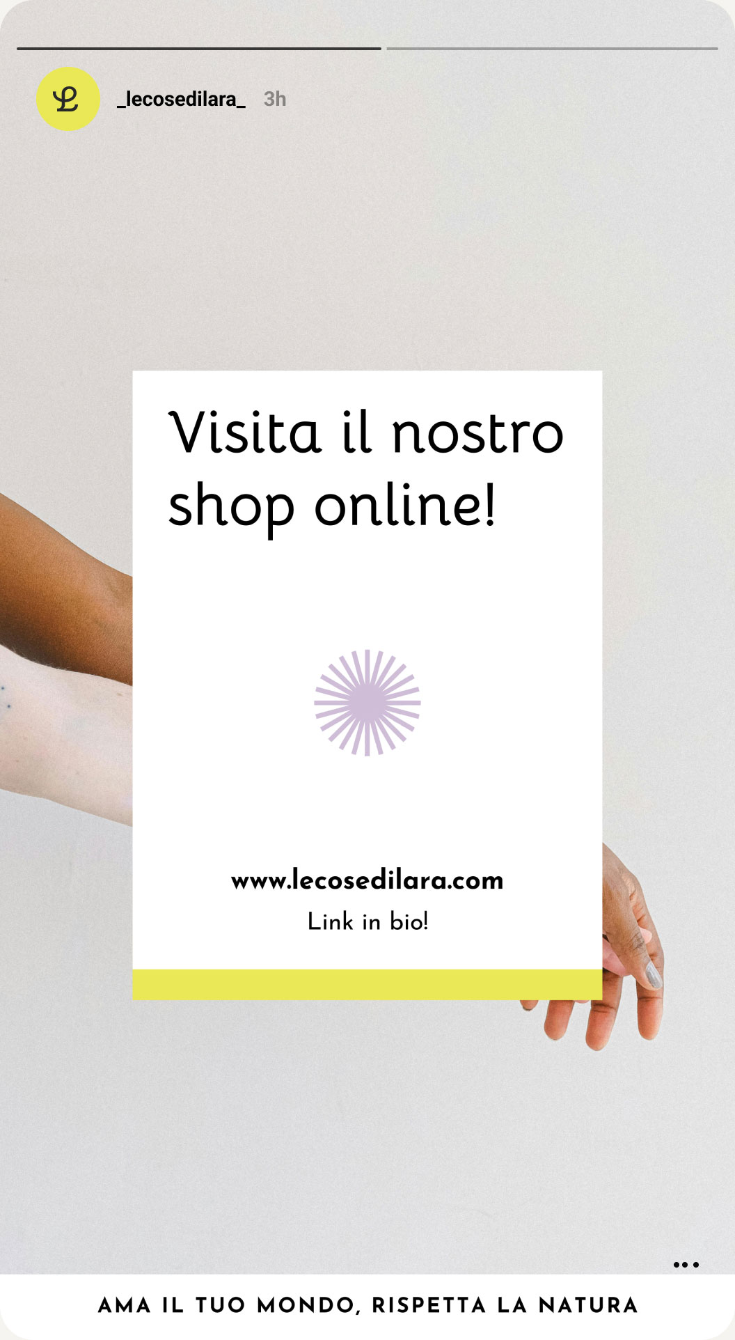 Aesthetic social media post showcasing Le Cose di Lara’s mission: sustainable, handmade, and eco-conscious living.