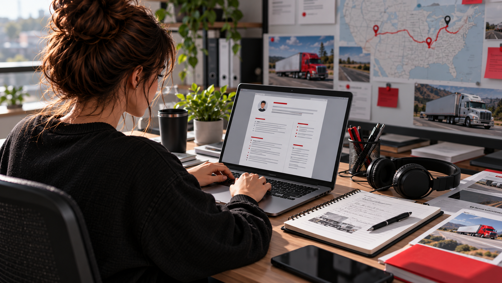A beginner editing a clean professional resume beside a dispatch training notebook and headset