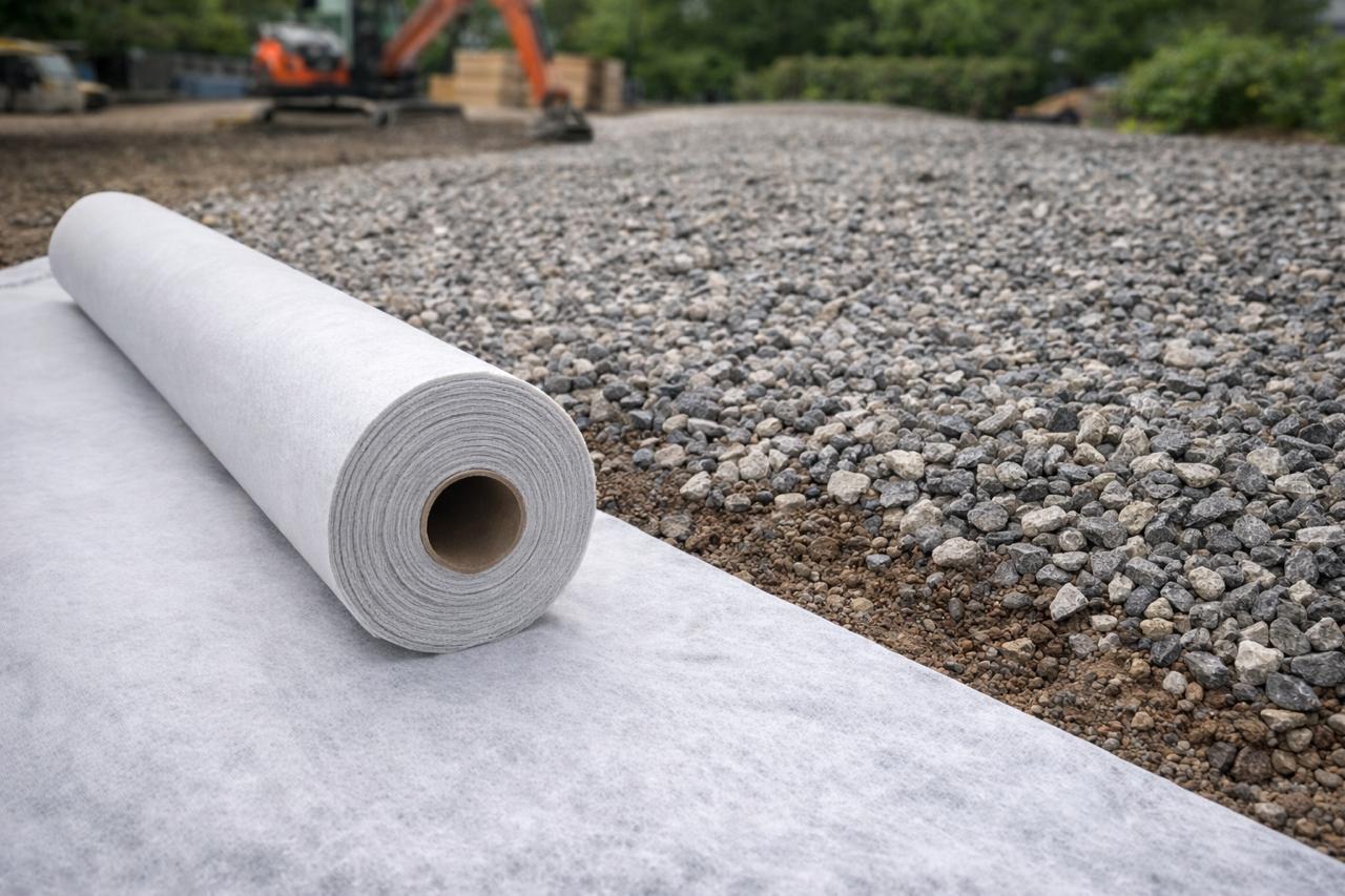 Рола геотекстил върху основа с трошен камък преди асфалтиране
