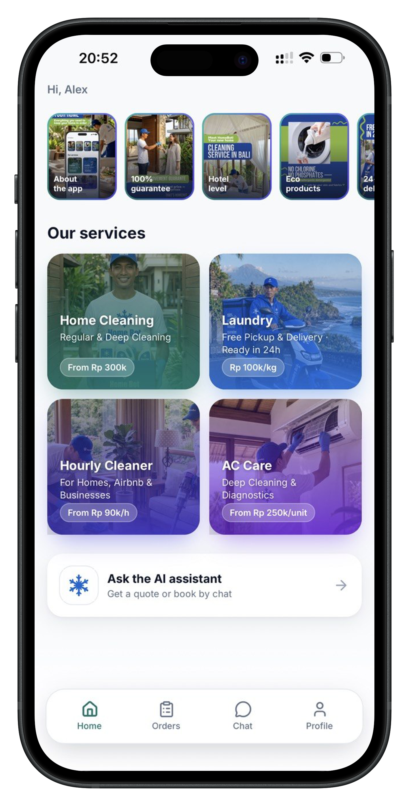 HomeBot app interface showing home services, cleaning, laundry, AC service, and more