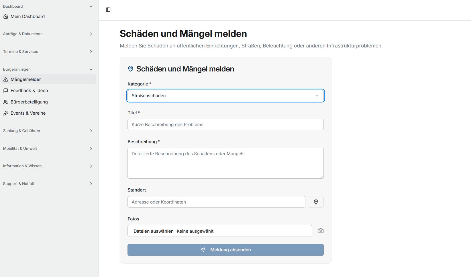 Digitales Formular zur Meldung kommunaler Schäden und Mängel mit Kategorie, Beschreibung, Standort und Foto