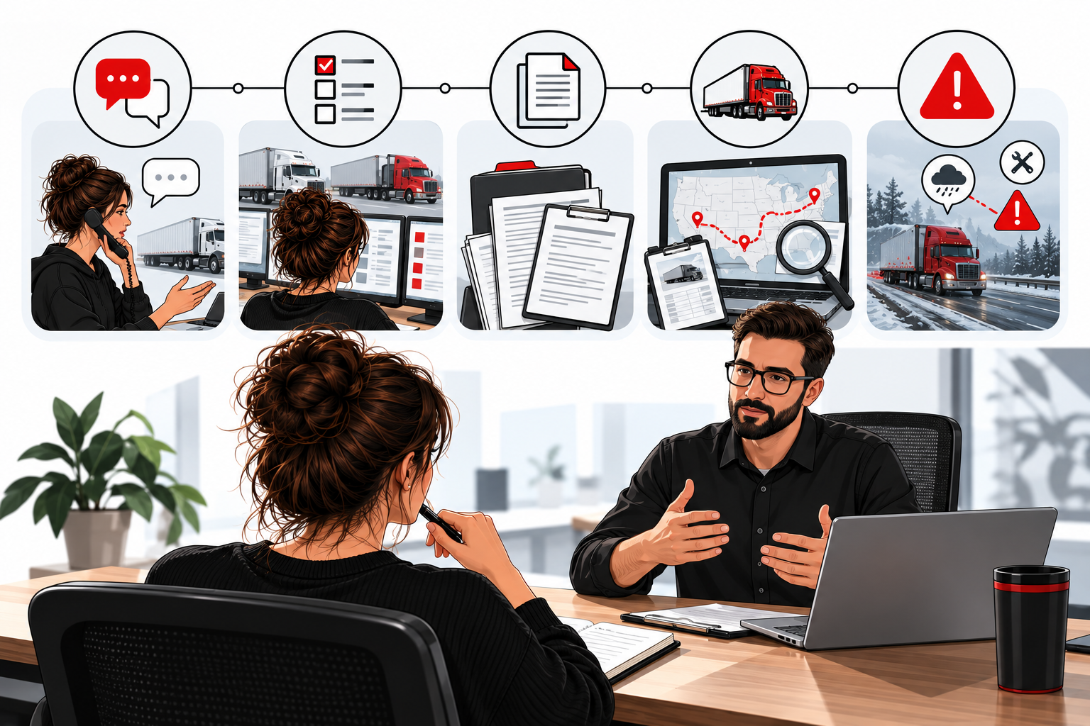 Interview questions mapped to communication, prioritization, documents, load evaluation and exception handling