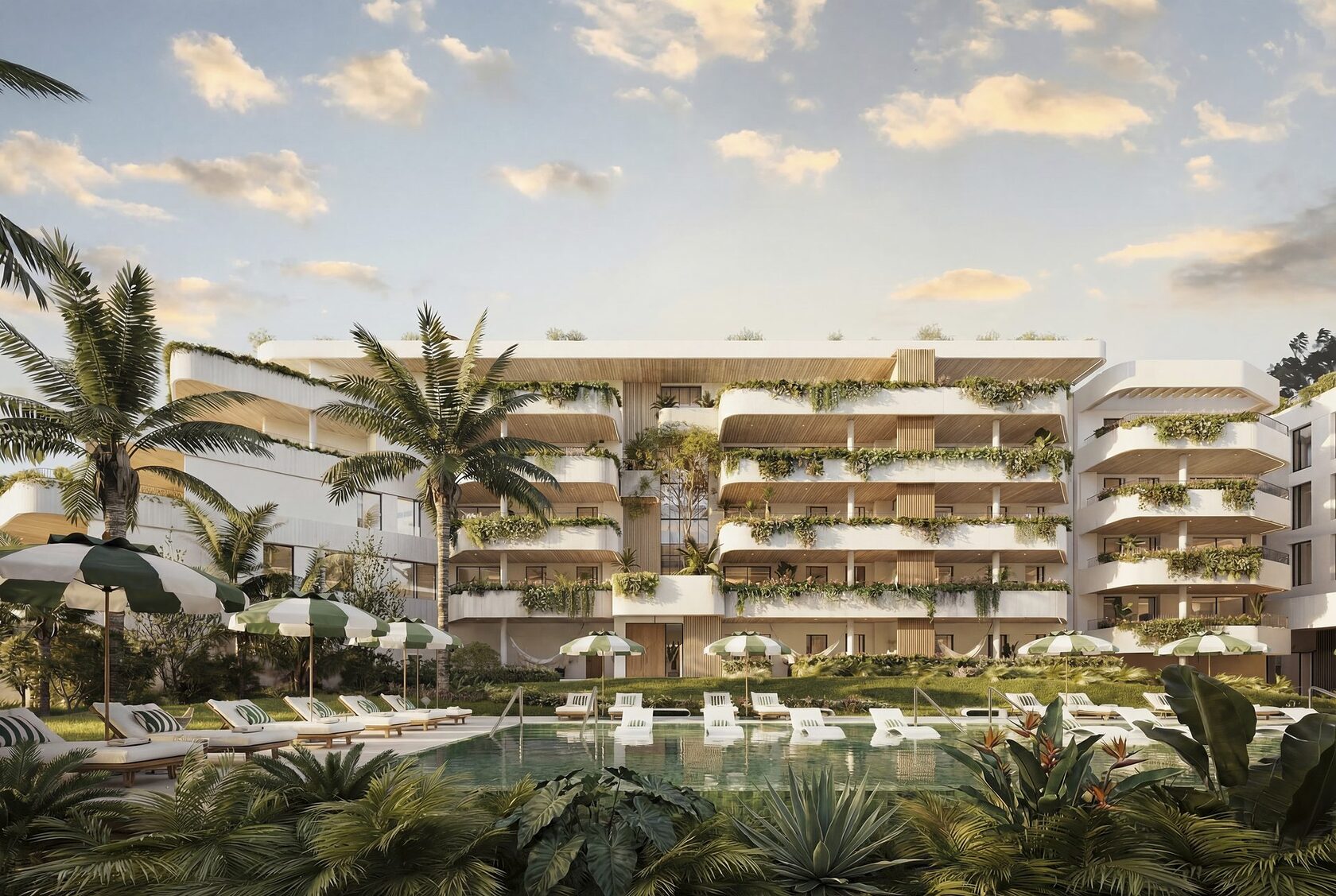 Garden facade seen across the main pool