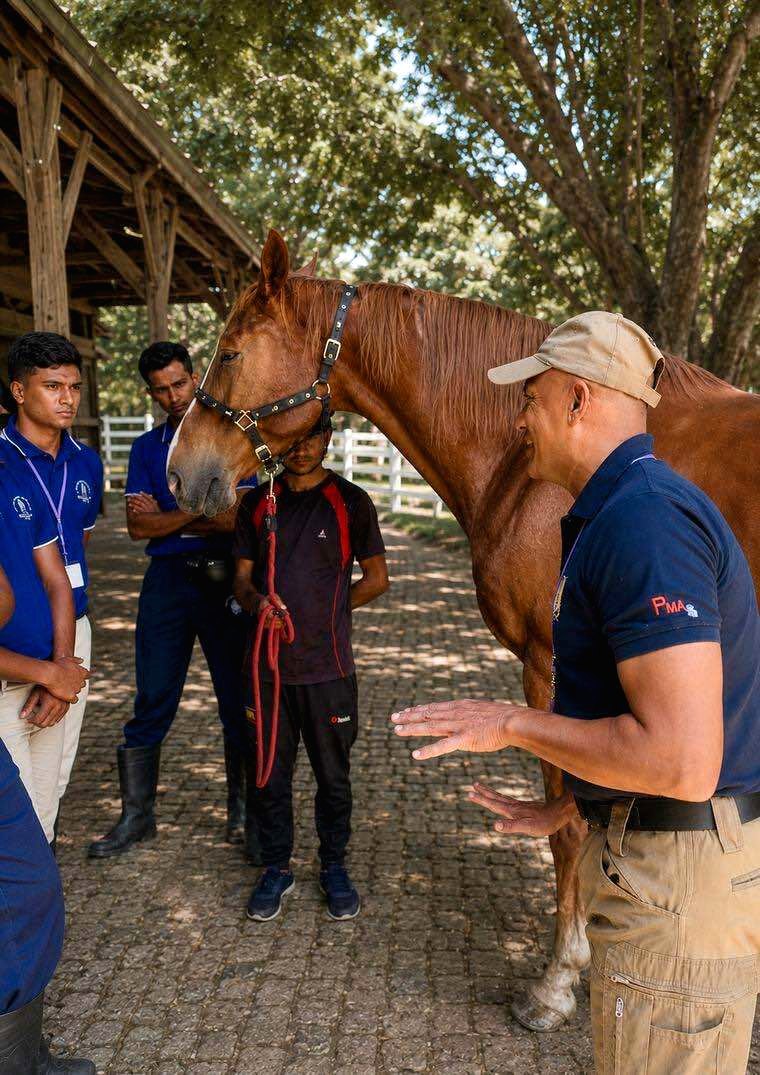 Horse being handled during a welfare-first horsemanship session at Vonfidel Ranch in Sri Lanka