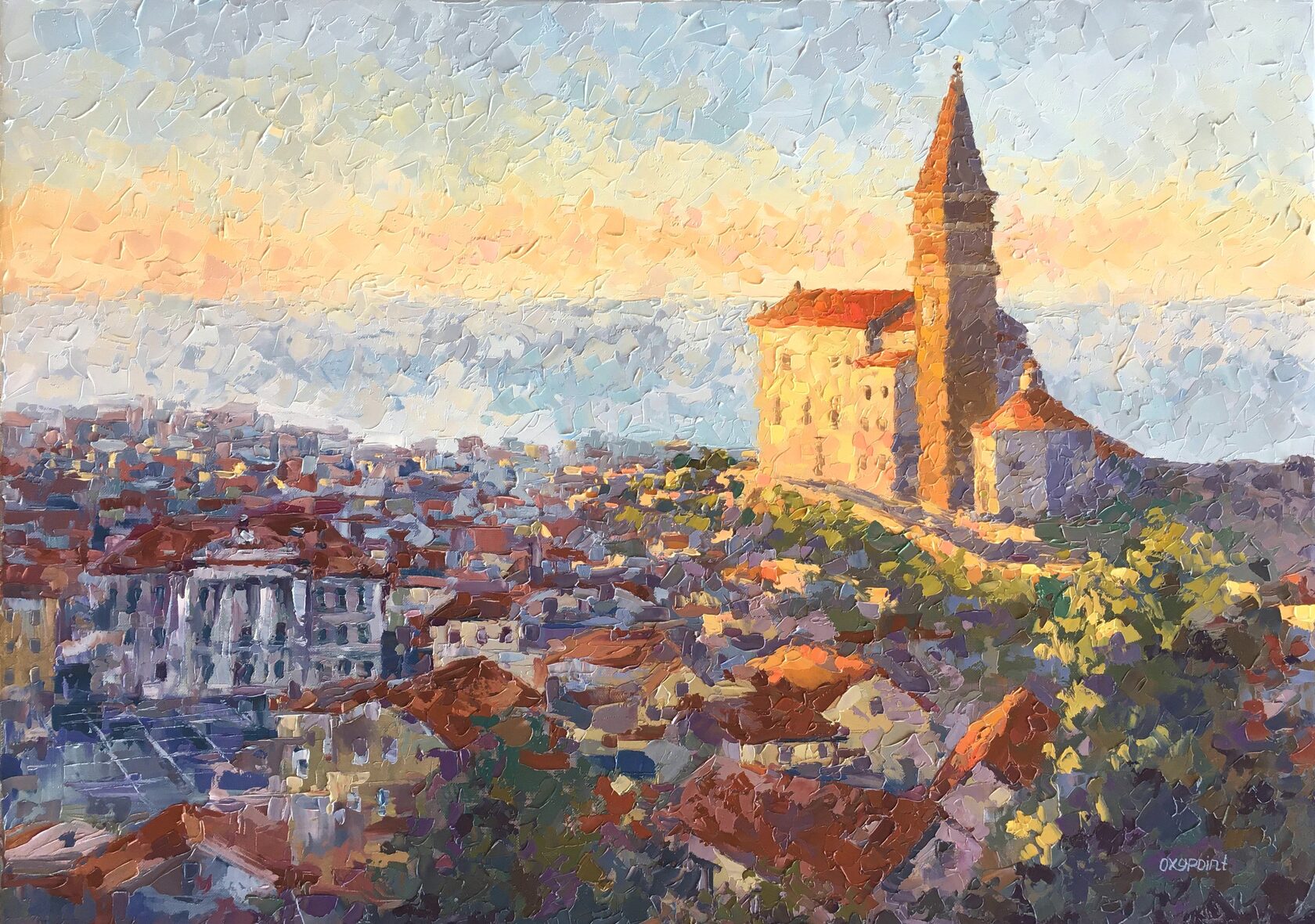 Piran oil painting, Slovenia abstract art, Slovenian landscape knife painting, artist OXYPOINT Oxana Kravtsova, painting for sale 