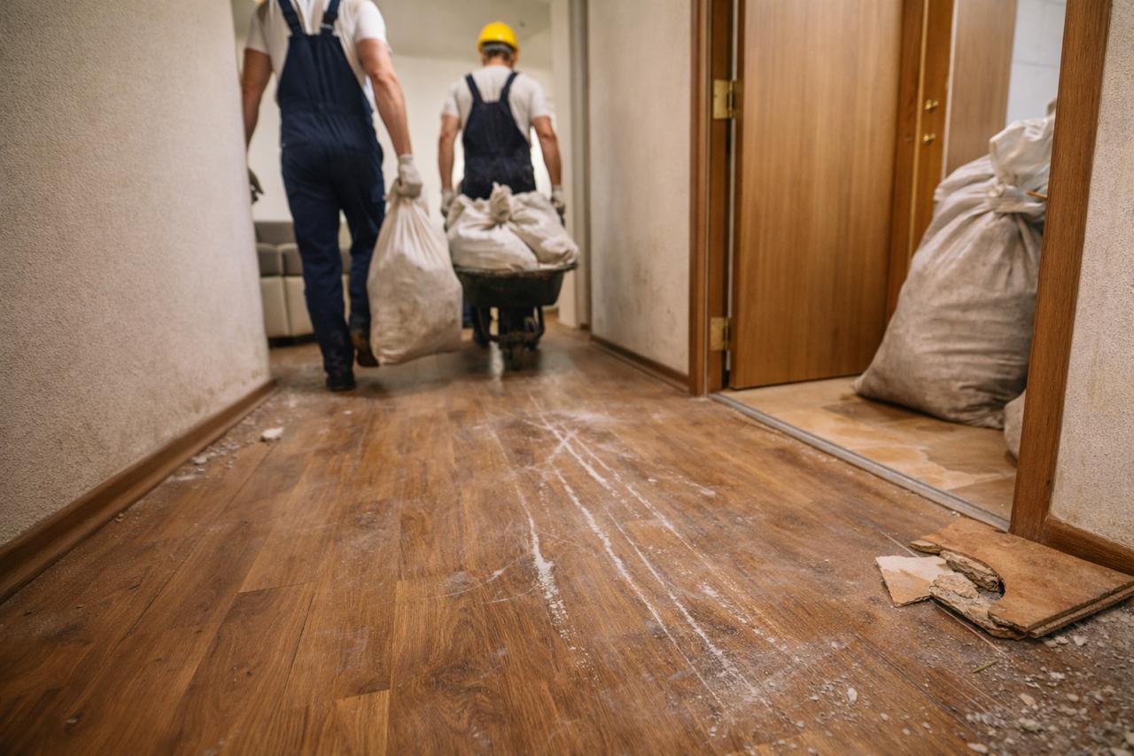 Надраскан ламинат при изнасяне на строителни отпадъци след къртене на баня