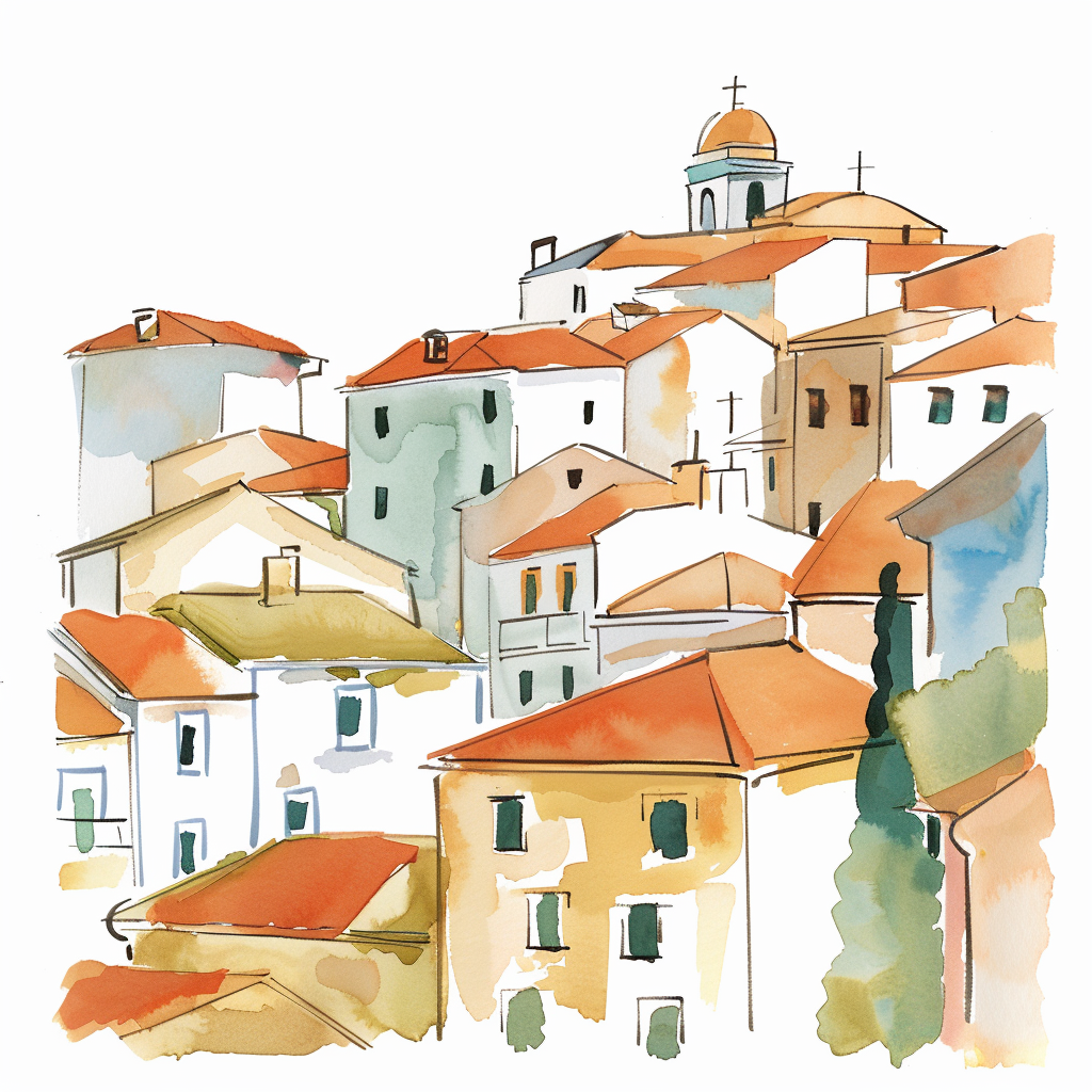 Vista aérea de ciudad mediterránea — ilustración acuarela SIGLO25