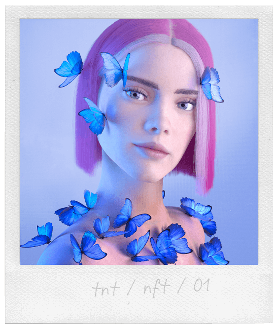 Виртуальная инфлюенсерка Анна ТНТ и синие бабочки, реалистичный визуал в 3D исполнении