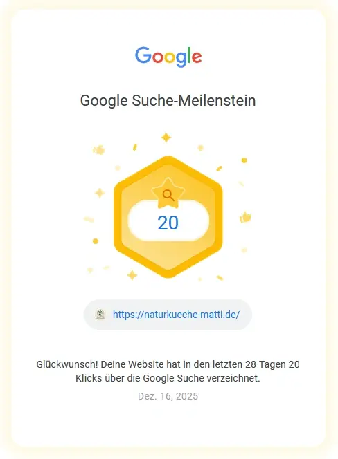Google Search Console Meilenstein mit 20 organischen Klicks nach semantischer SEO- und GEO-Optimierung für KI-Sichtbarkeit