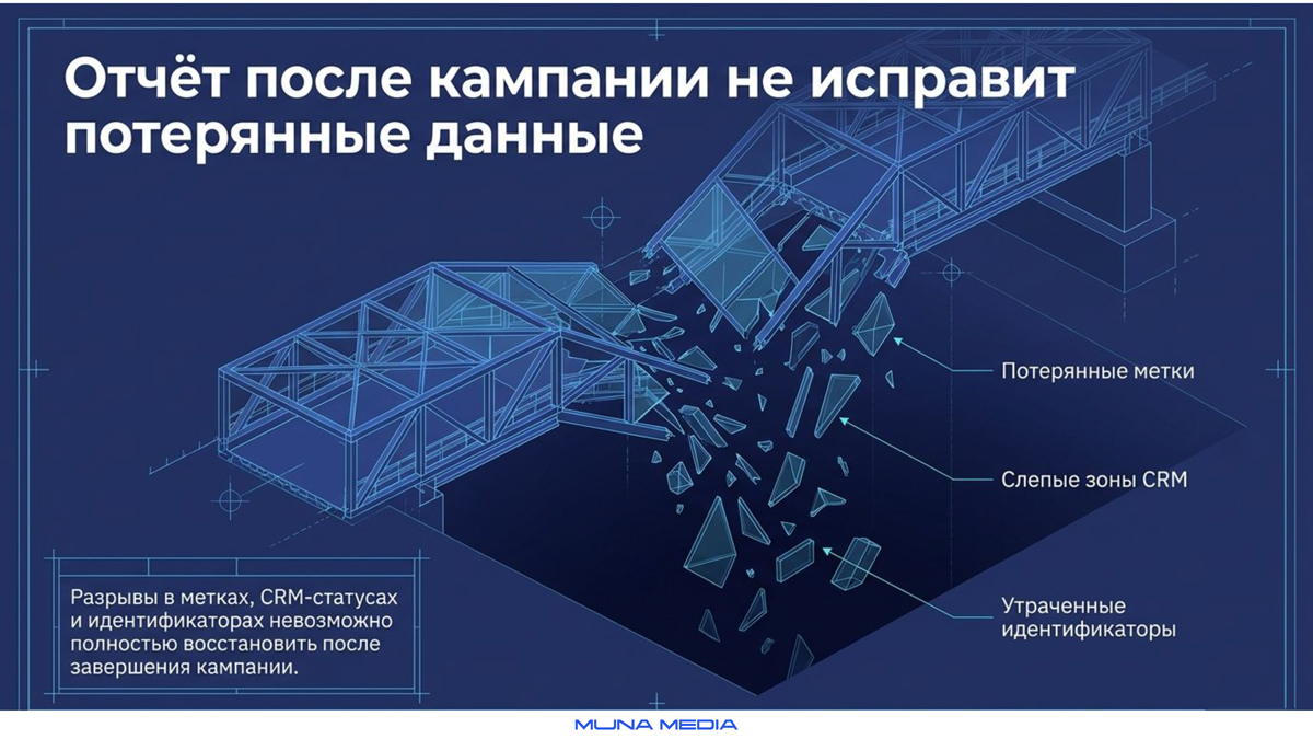 Отчёт после кампании не исправит потерянные данные: разрывы меток, слепые зоны CRM и утраченные идентификаторы — Muna Media