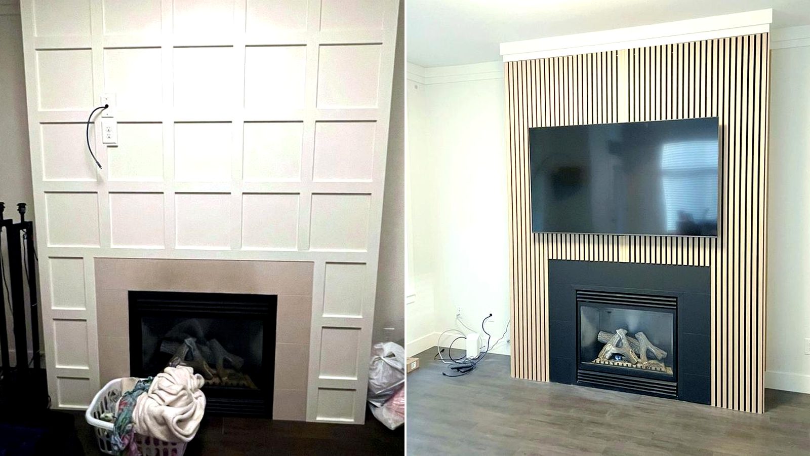 Before and after custom fireplace feature wall in Promontory Chilliwack BC by VeryWell Home Services
