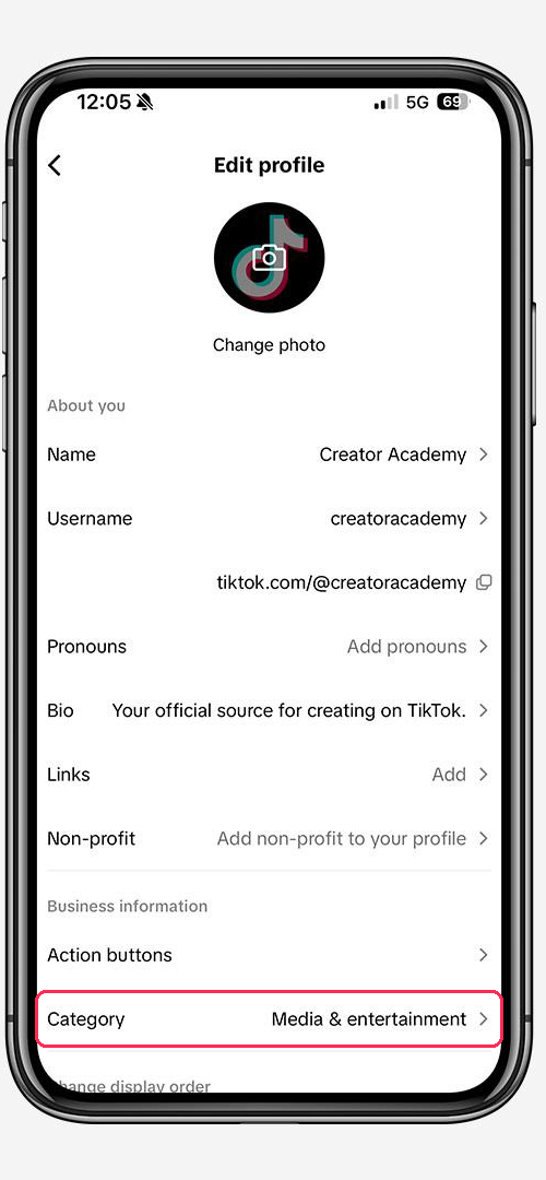 Категория бизнеса в профиле TikTok