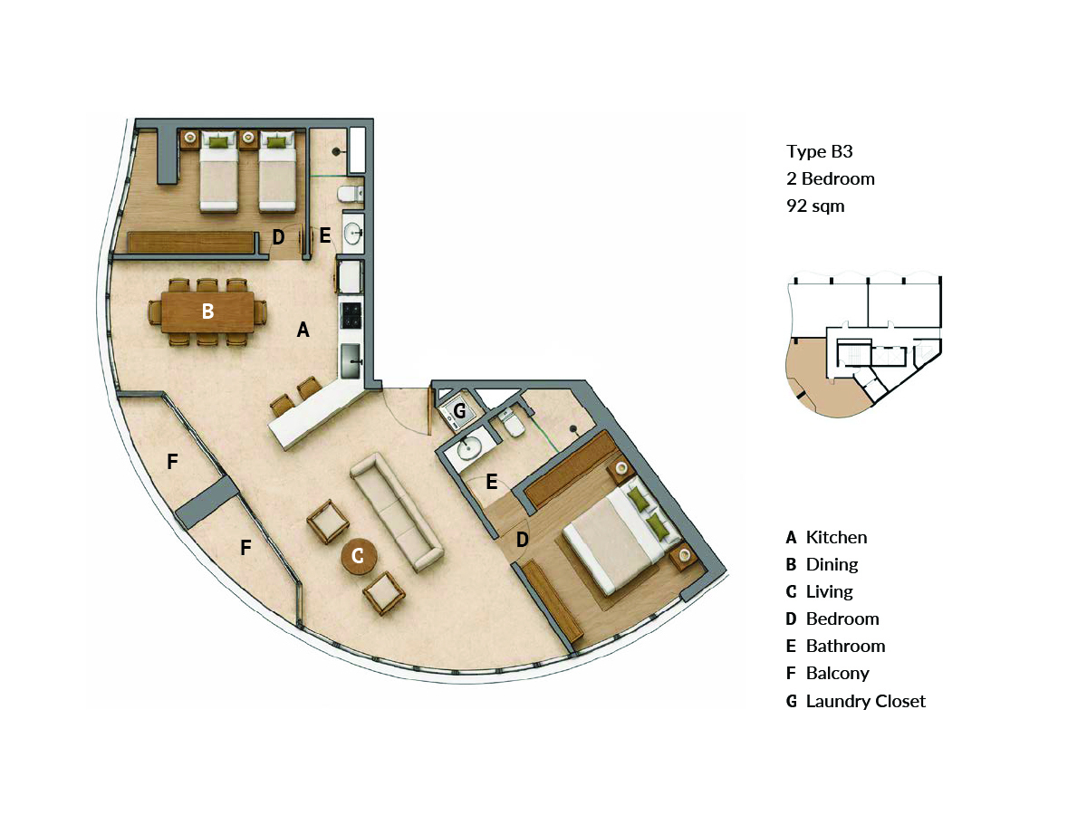 Elegance Residence floor plan type B3, 2 bedrooms, 92 sq.m