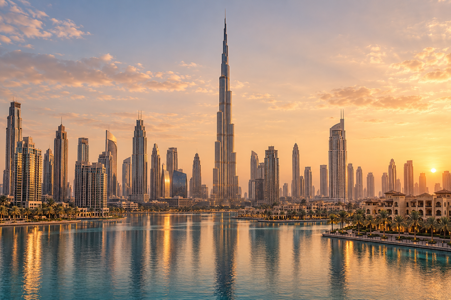 AI visualization of Dubai's skyline at golden hour