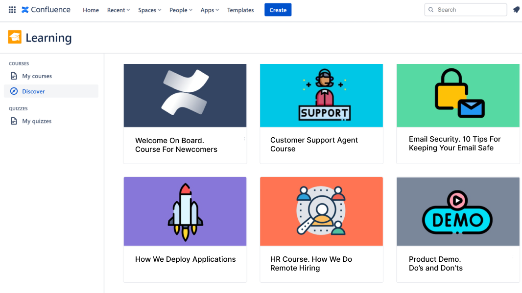 Learning portal for employee with courses in Confluence