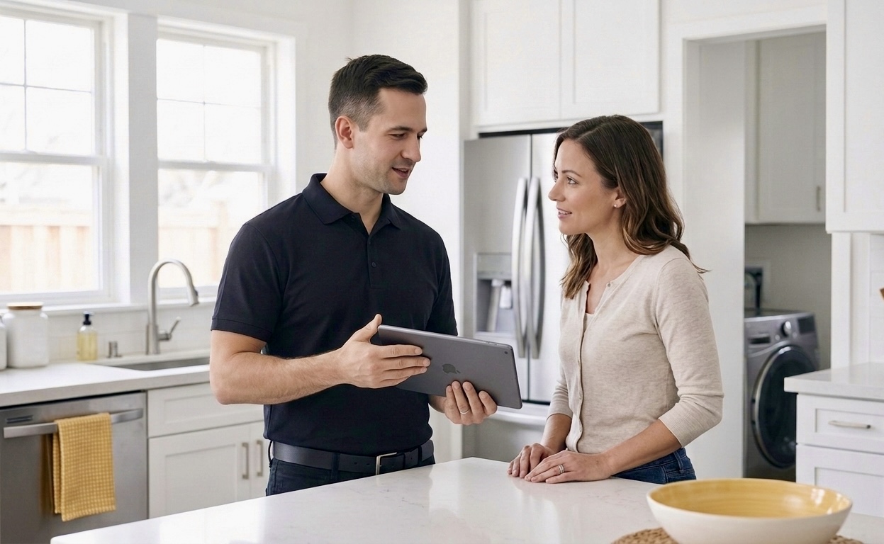 AllHandled Appliance Repair technician speaking with a homeowner in the kitchen
