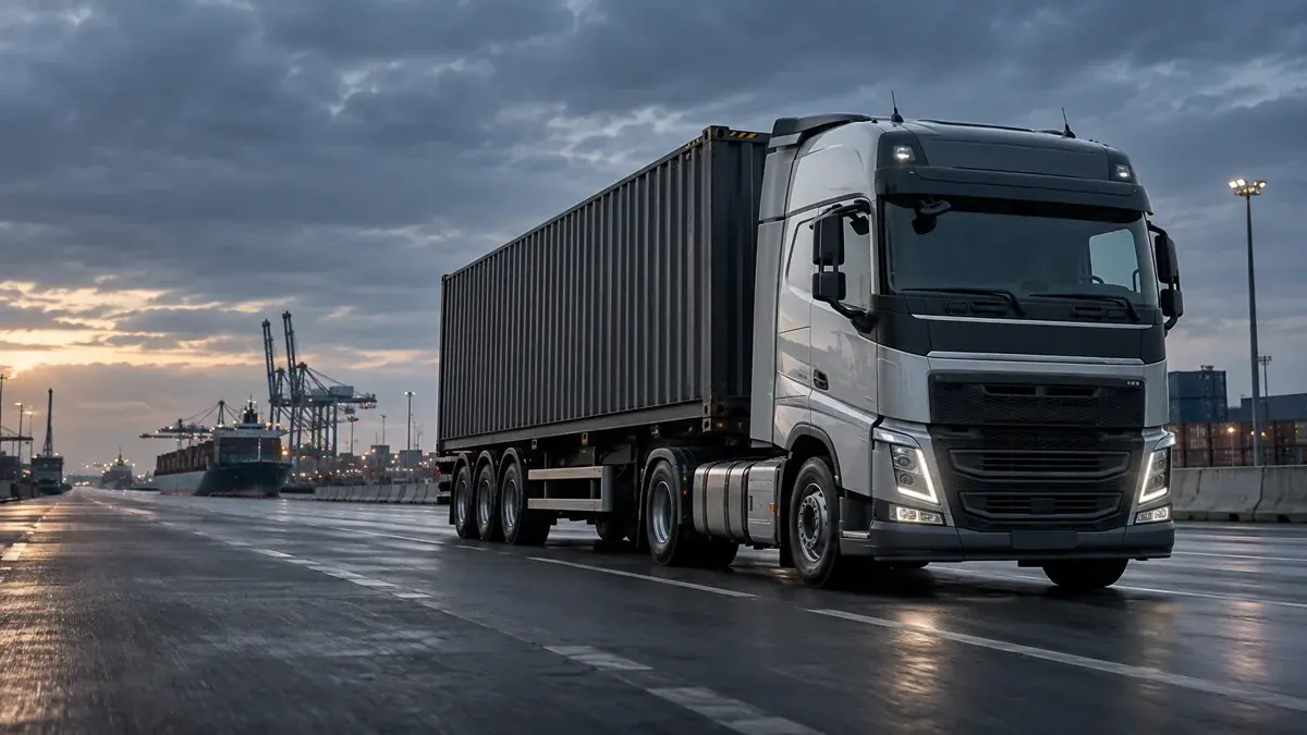 Tractor and shipping container on a dedicated container chassis