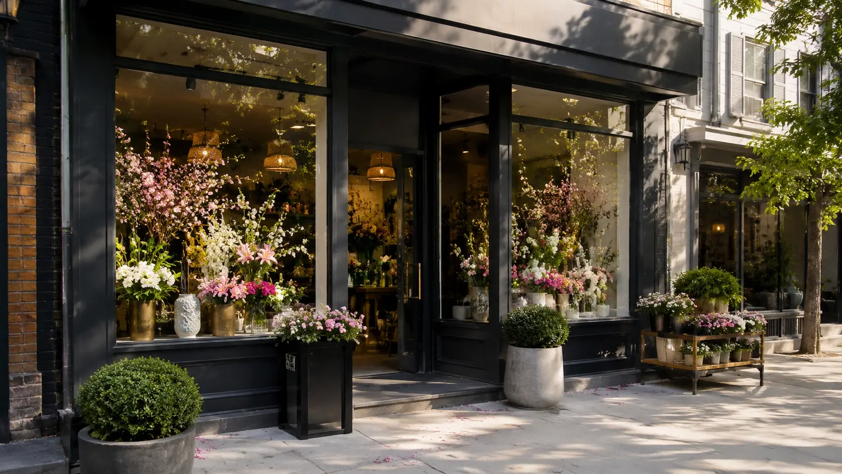 Anonymisierte moderne Blumenladen-Schaufensterfront ohne lesbare Namen oder Logos
