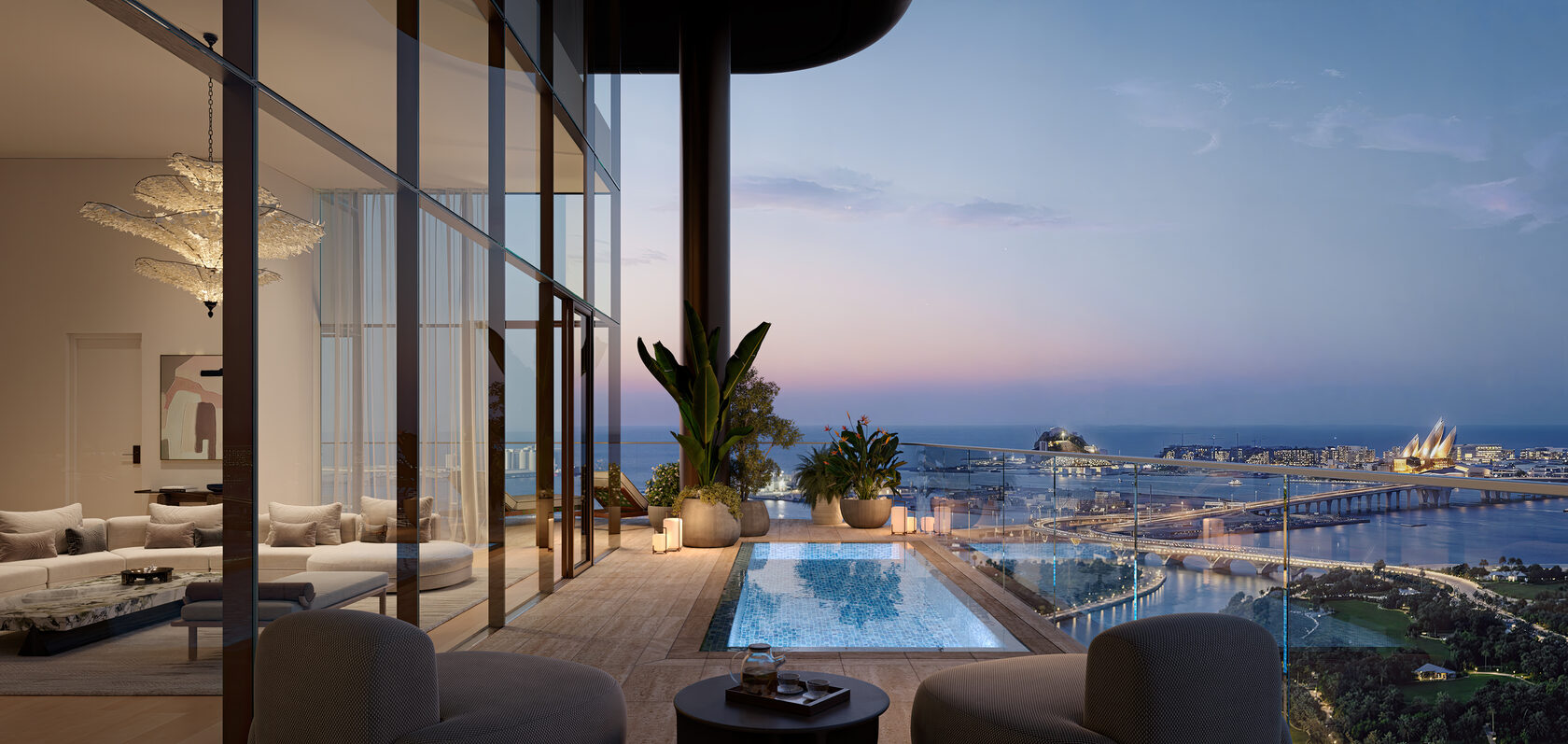 Residence terrace and pool overlooking the Abu Dhabi waterfront