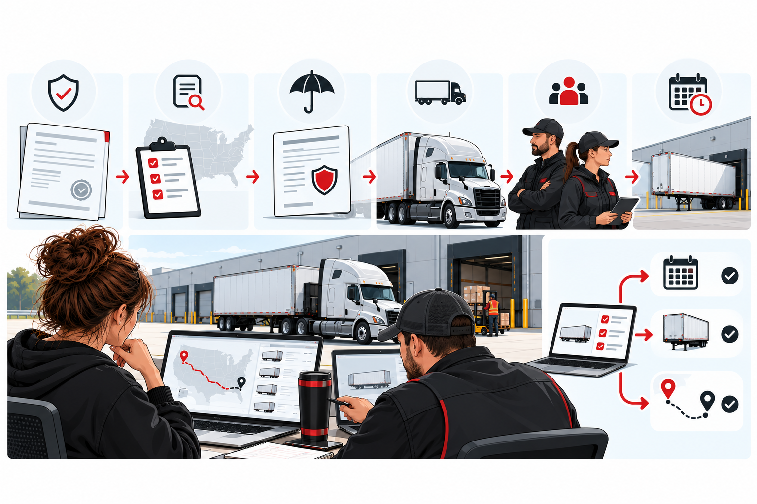 Amazon Relay research checklist covering carrier authority, safety, insurance, equipment, drivers and booking workflow