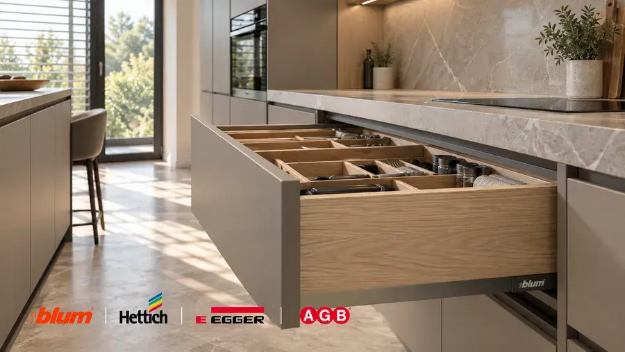 Materiale premium pentru mobilier — texturi de lemn, feronerie și sisteme de glisare