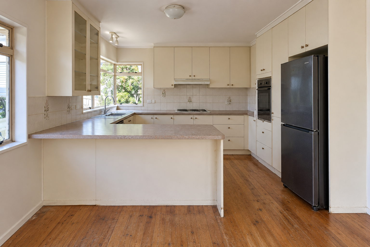 Illustrative before concept for the St Heliers kitchen; generated placeholder, not an actual historical photo
