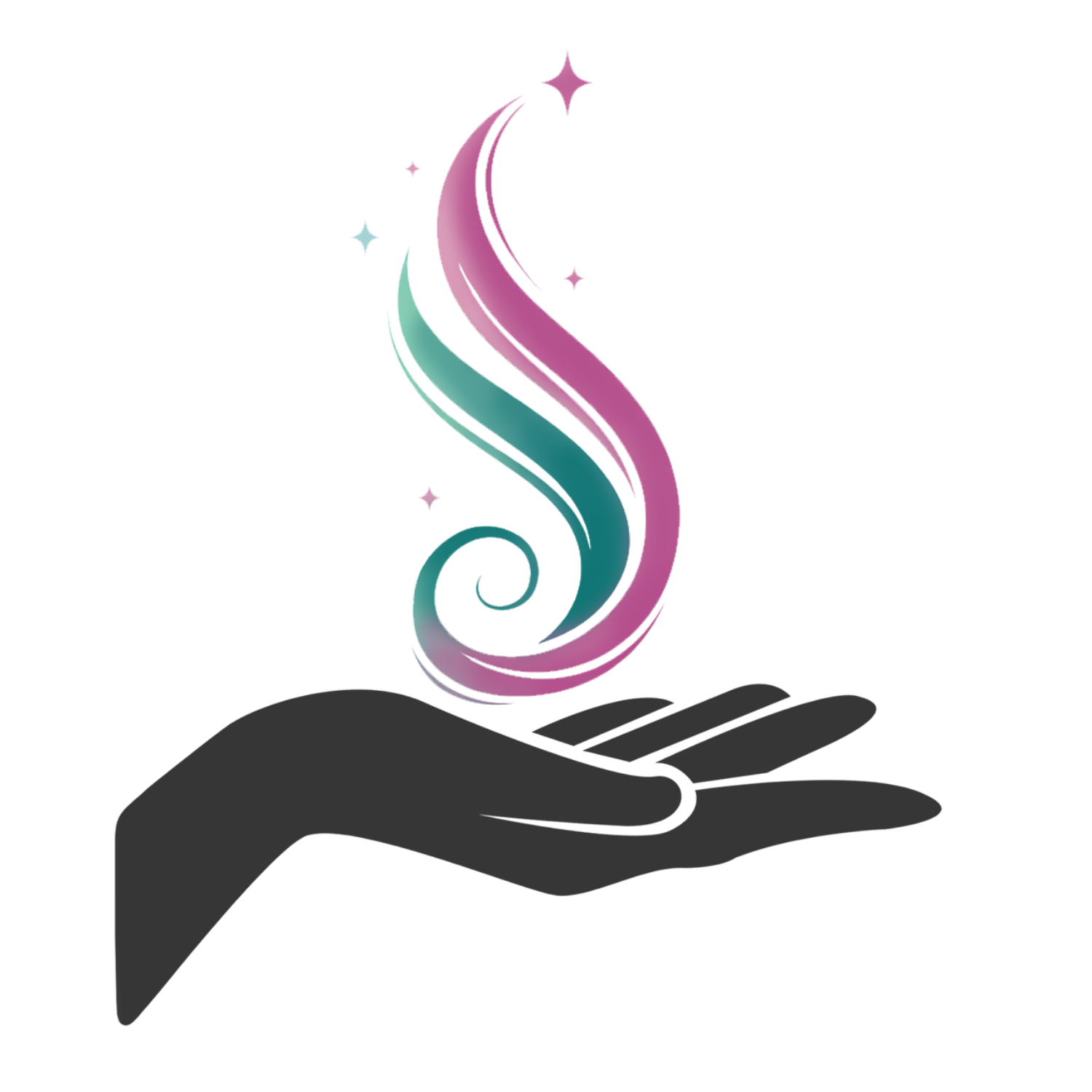 Logo mit einer grauen Hand und einem bunten Wirbel darüber