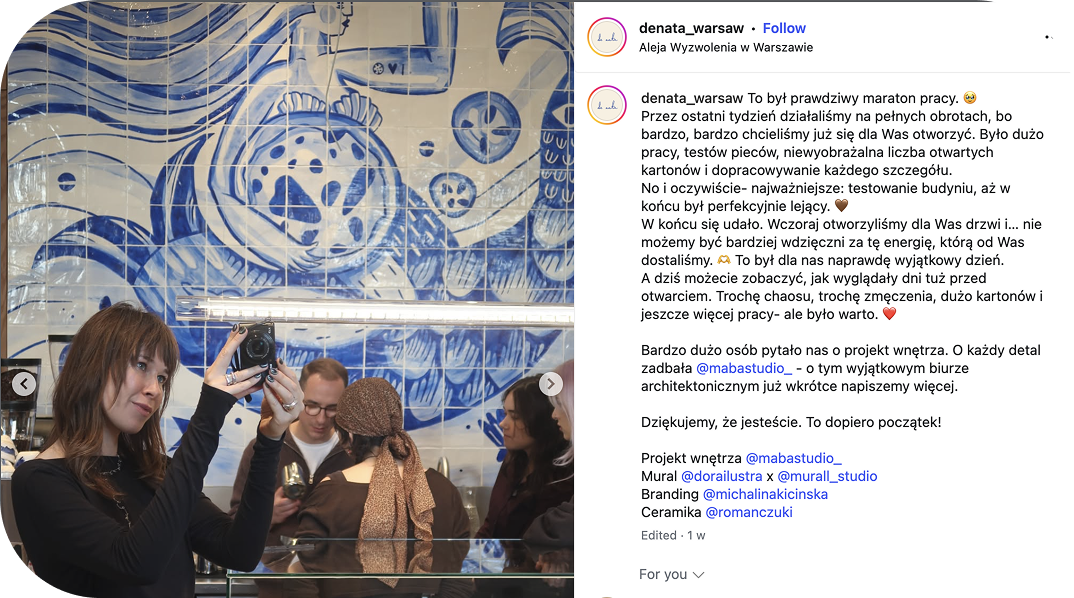 A blue-and-white tiled mural wall at the Denata café in Warsaw and the opening announcement on the café’s Instagram profile
