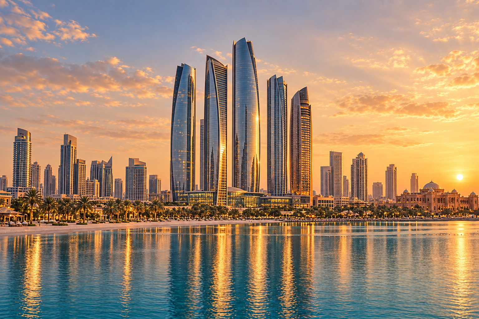 AI visualization of Abu Dhabi's waterfront and towers at sunset