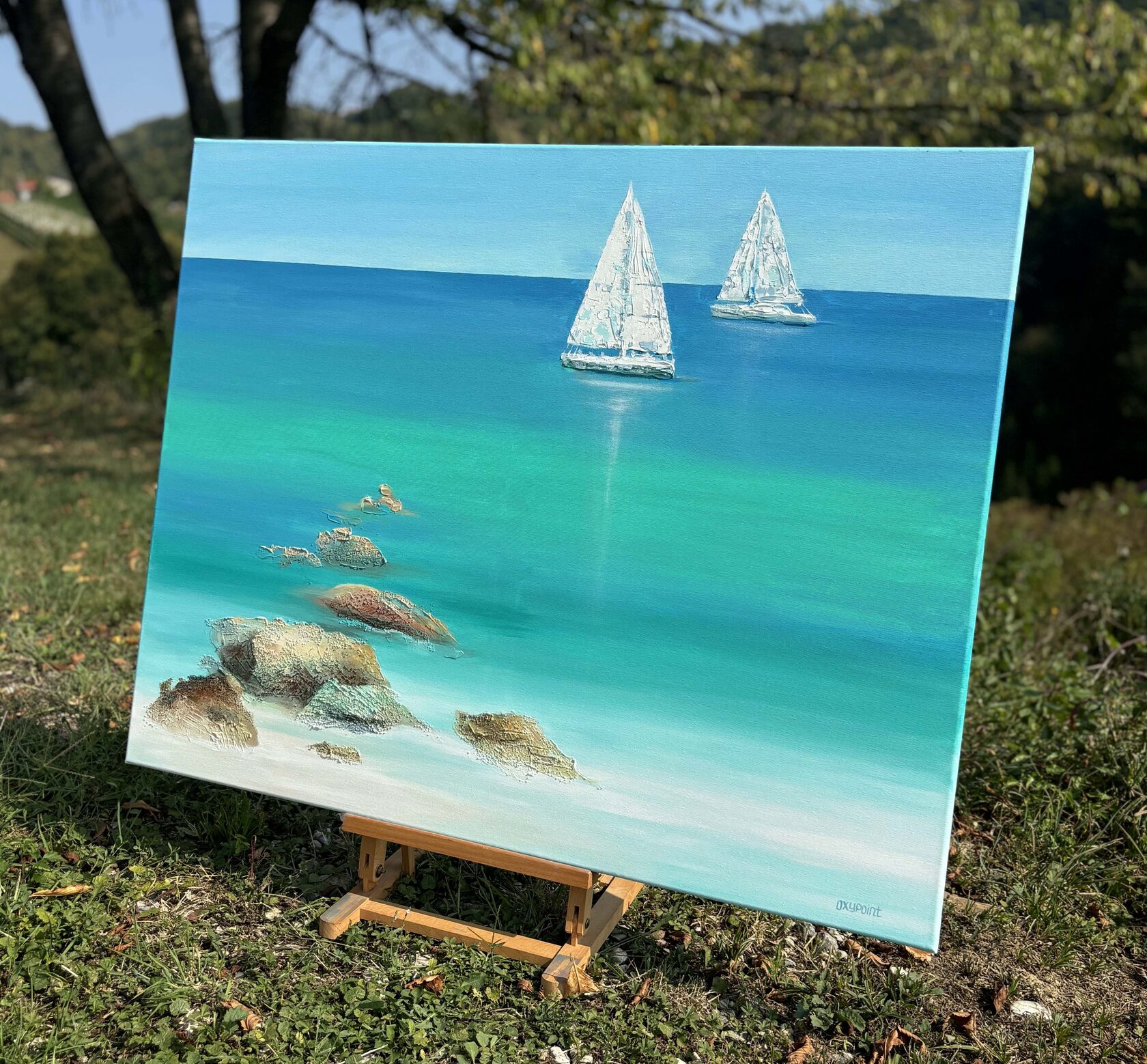 Acrylic painting White Sails, mixed media Turquoise Sea, Sea boats, large wall art for sale, buy art from artist, buy original paintings, seascape, stones in the sea, painting for sale Oxana Kravtsova Oxypoint