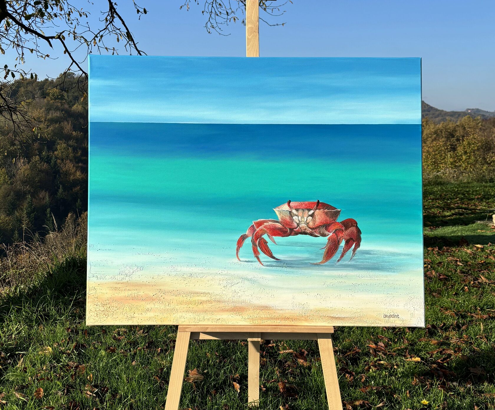 Acrylic painting crab, mixed media, sea sand texture, solitary crab, turquoise sea, waves, large wall art for sale, buy art from artist, buy original paintings, seascape, painting for sale Oxana Kravtsova Oxypoint