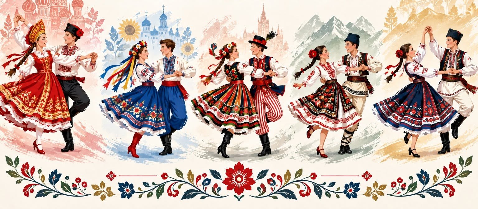 Illustration of couples in Slavic folk costumes dancing
