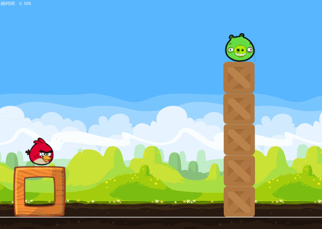 A Python game in the style of Angry Birds: a red bird on a crate and a green pig on a tower of boxes