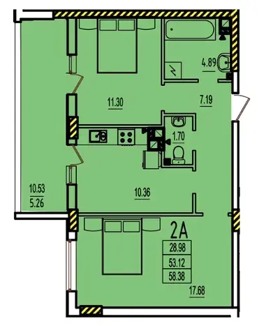 Планировка 2-комнатной квартиры в ЖК RosenTal площадью 57–61 м² — вариант 1