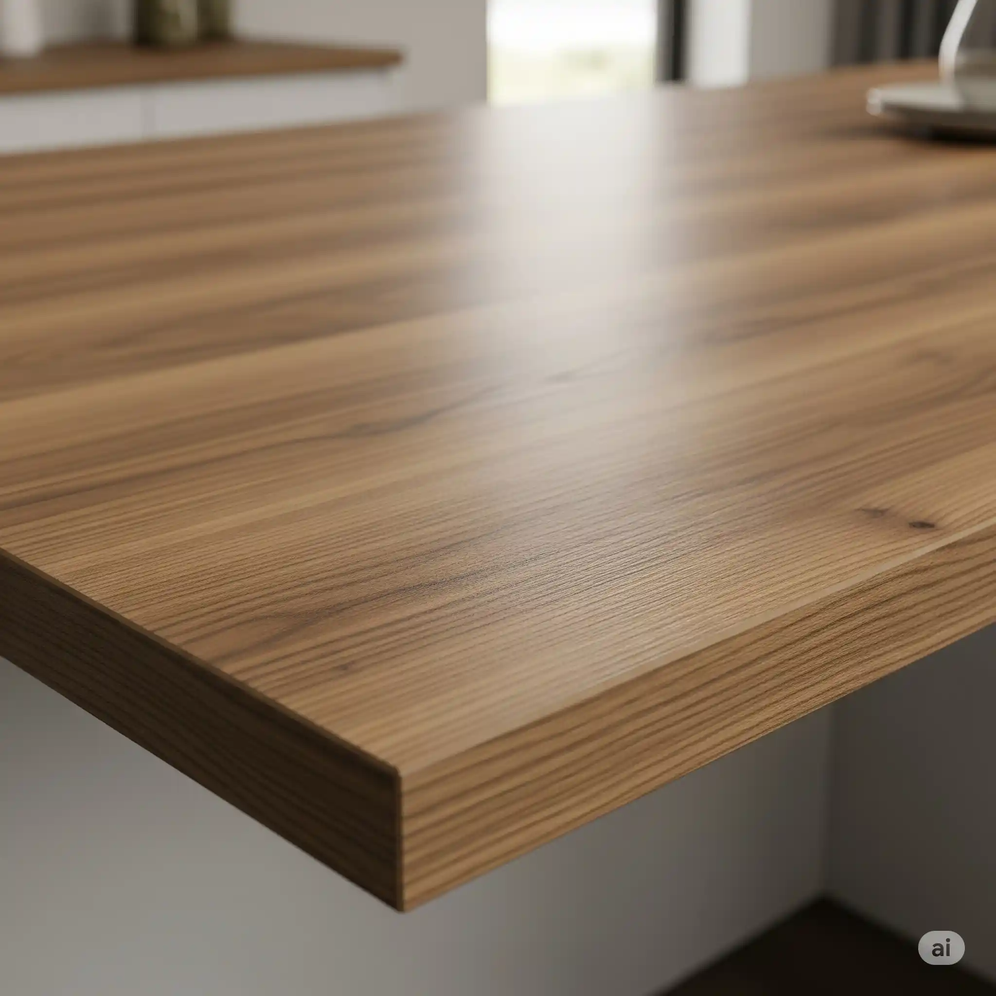 Solid wood kitchen worktop with natural grain and warm finish