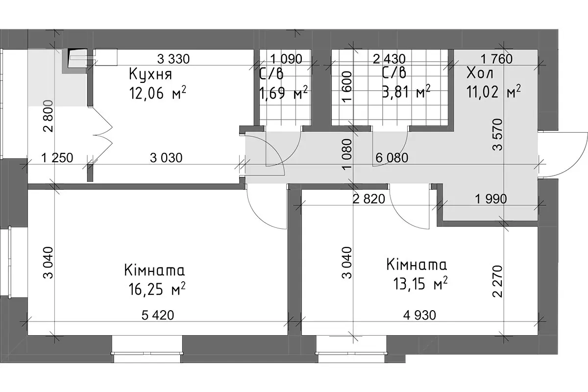 Планування 2-кімнатної квартири в ЖК Чайка Люкс — варіант 6