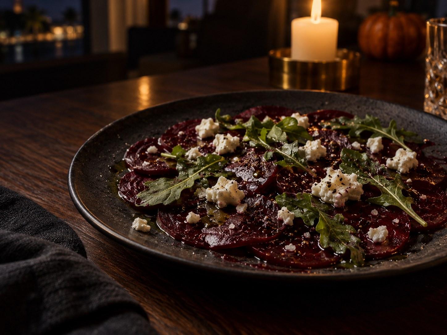Beetroot carpaccio with goat cheese and arugula on a dark plate by candlelight, a Halloween private chef dinner in Miami