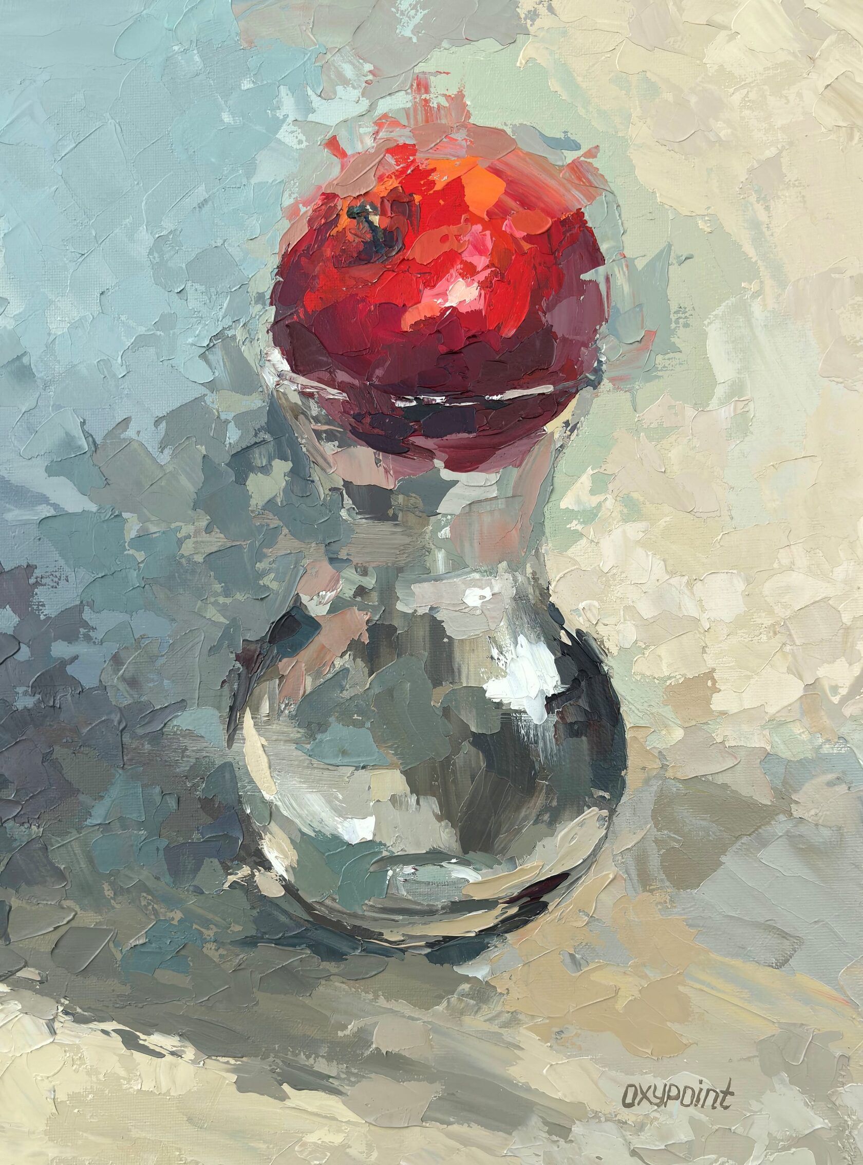 apple oil painting, still life with glass abstract art, balance knife painting, artist OXYPOINT Oxana Kravtsova