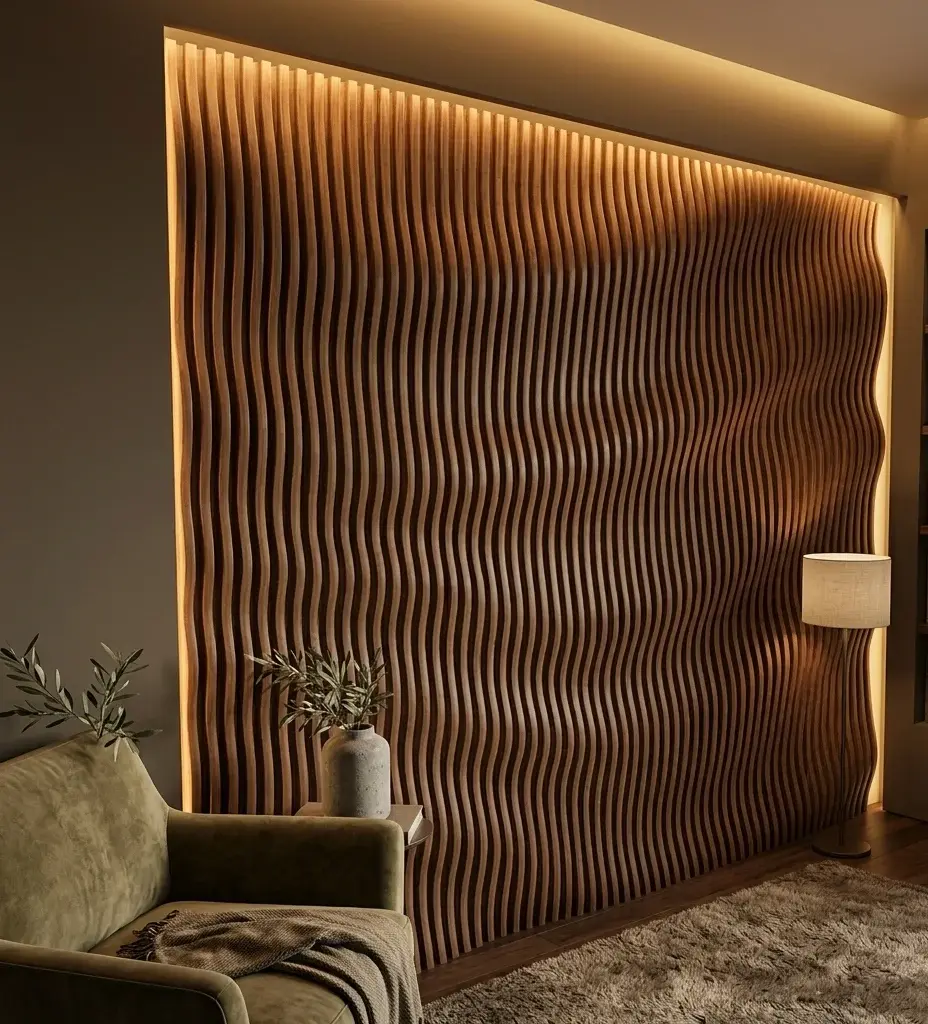 Detailed professional installation of wood wall panels around a TV wall