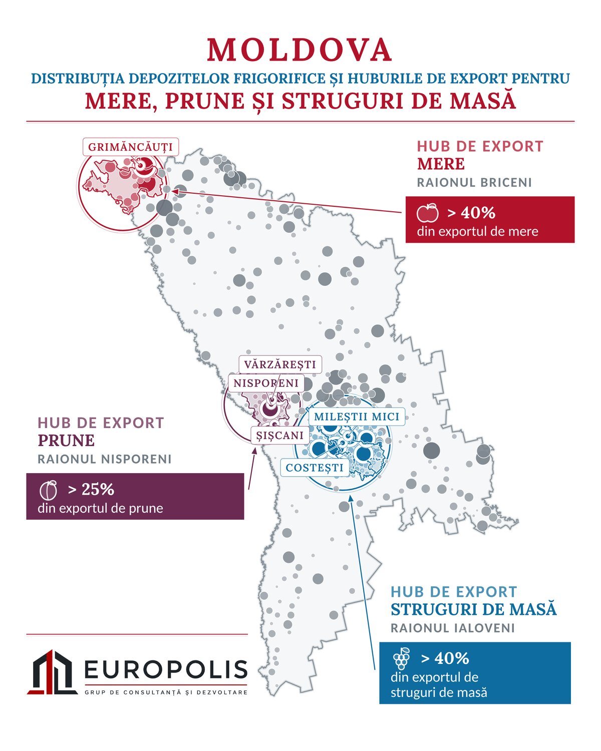 Hartă: distribuția depozitelor frigorifice și huburile de export pentru mere, prune și struguri de masă