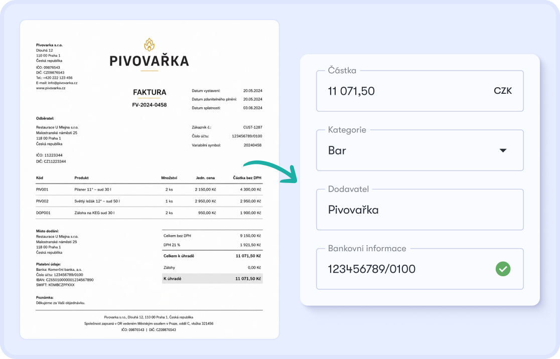 Faktura v Dishboardu s automaticky rozpoznanými poli — dodavatel, IČO, DIČ, částka a DPH