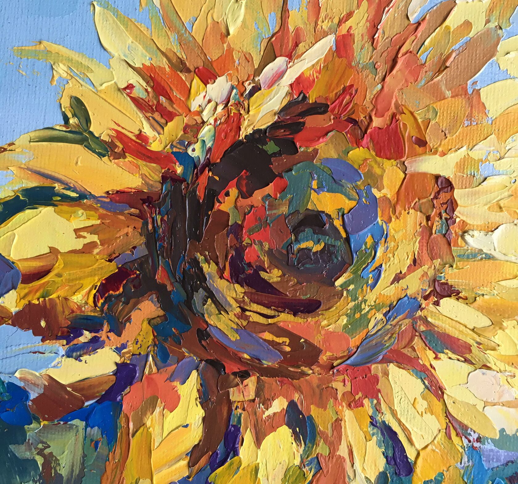 Sunflowers oil painting, flowers abstract art, sunflower knife painting, artist OXYPOINT Oxana Kravtsova, painting for sale