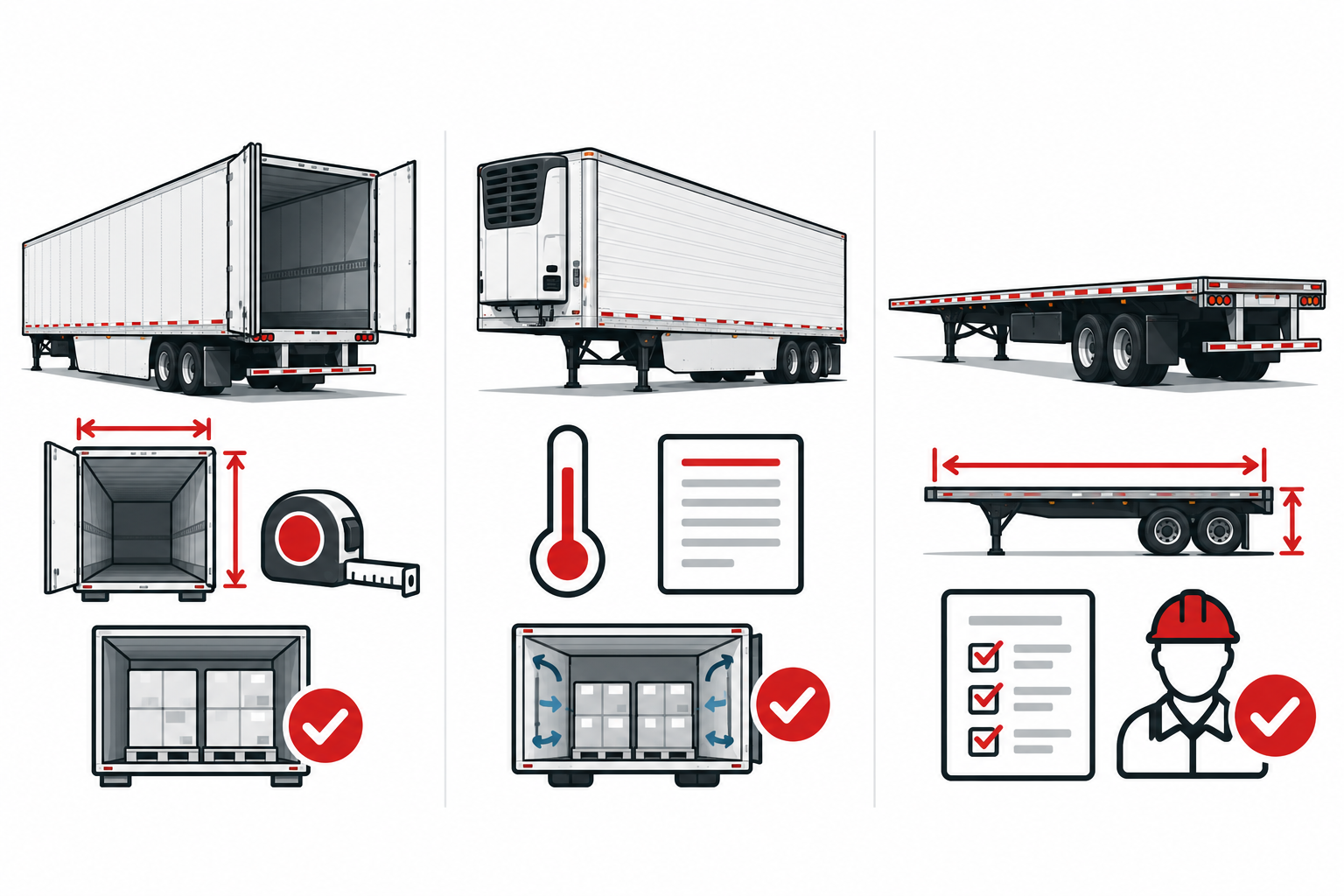 Equipment-specific questions for dry van, reefer, and flatbed loads.