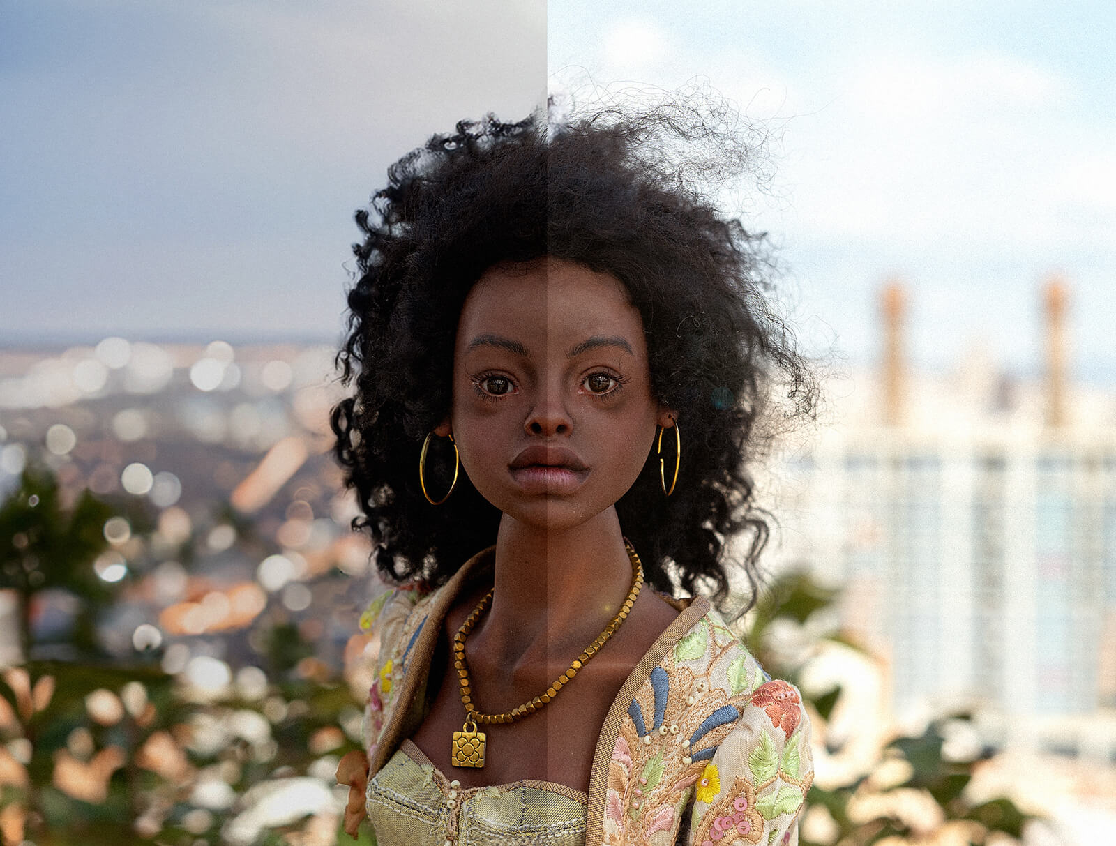 Portrait of black BJD doll named Nina, split into day and night against the backdrop of Barcelona